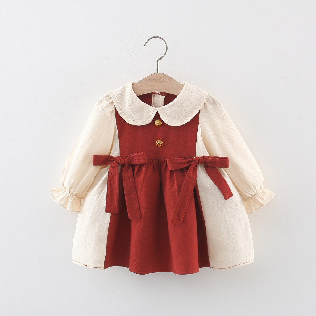 Mùa xuân và mùa thu mới búp bê màu be cổ váy bé gái nơ đỏ phong cách hàn quốc quần áo dài tay cho trẻ em (0-3 tuổi)