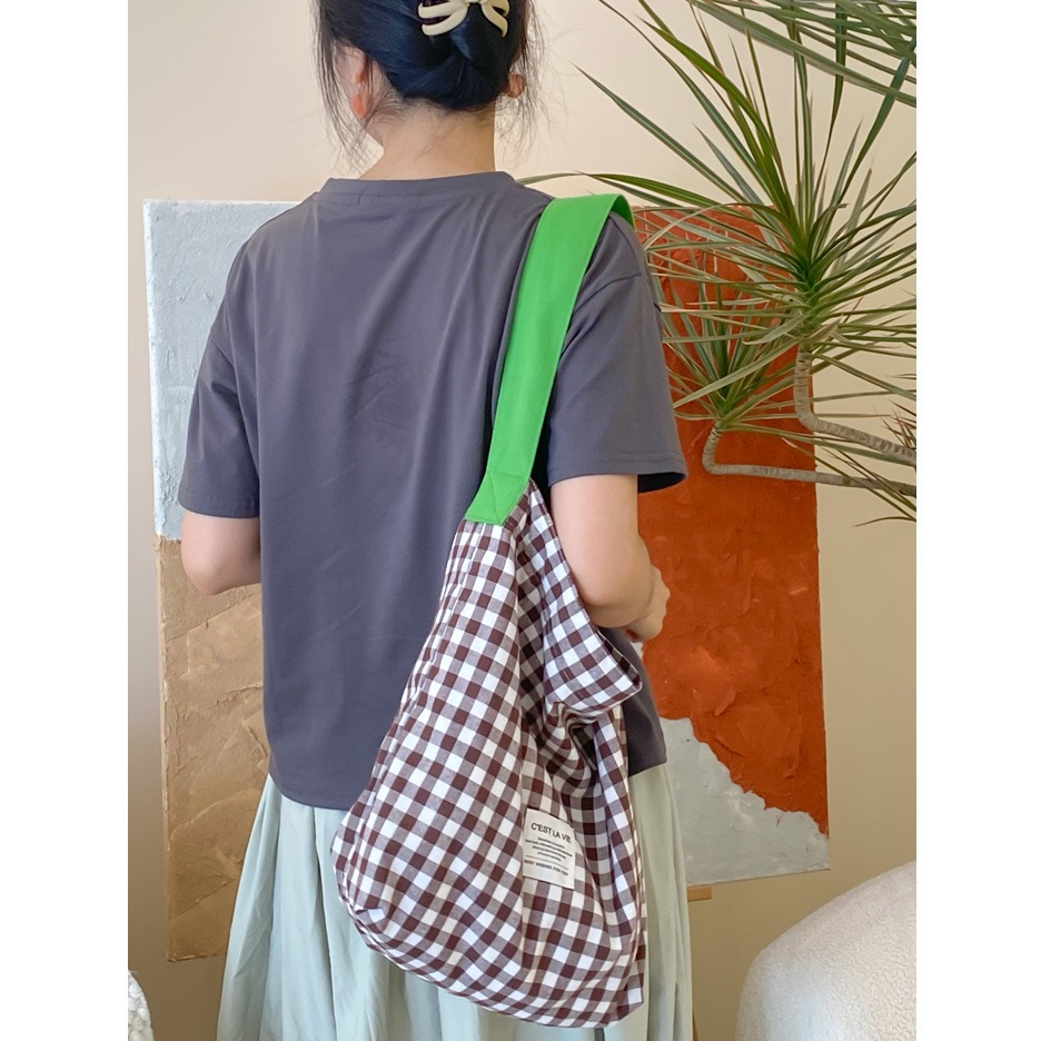 Bentoy milkjoy grid túi đeo vai thời trang dung tích lớn túi xách vải túi học sinh