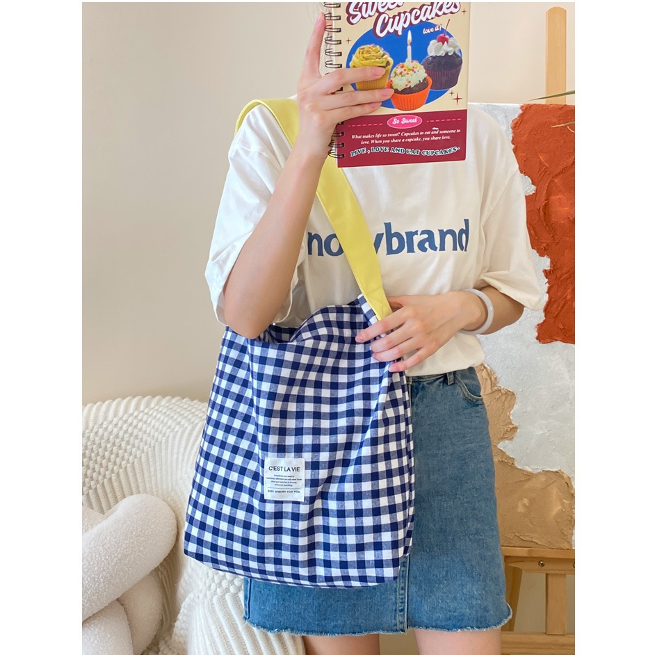 Bentoy milkjoy grid túi đeo vai thời trang dung tích lớn túi xách vải túi học sinh