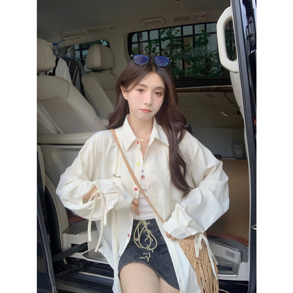 Áo sơ mi QOEDDV tay dài dáng rộng cài nút màu mơ sữa thiết kế phong cách Hàn Quốc mới 2023