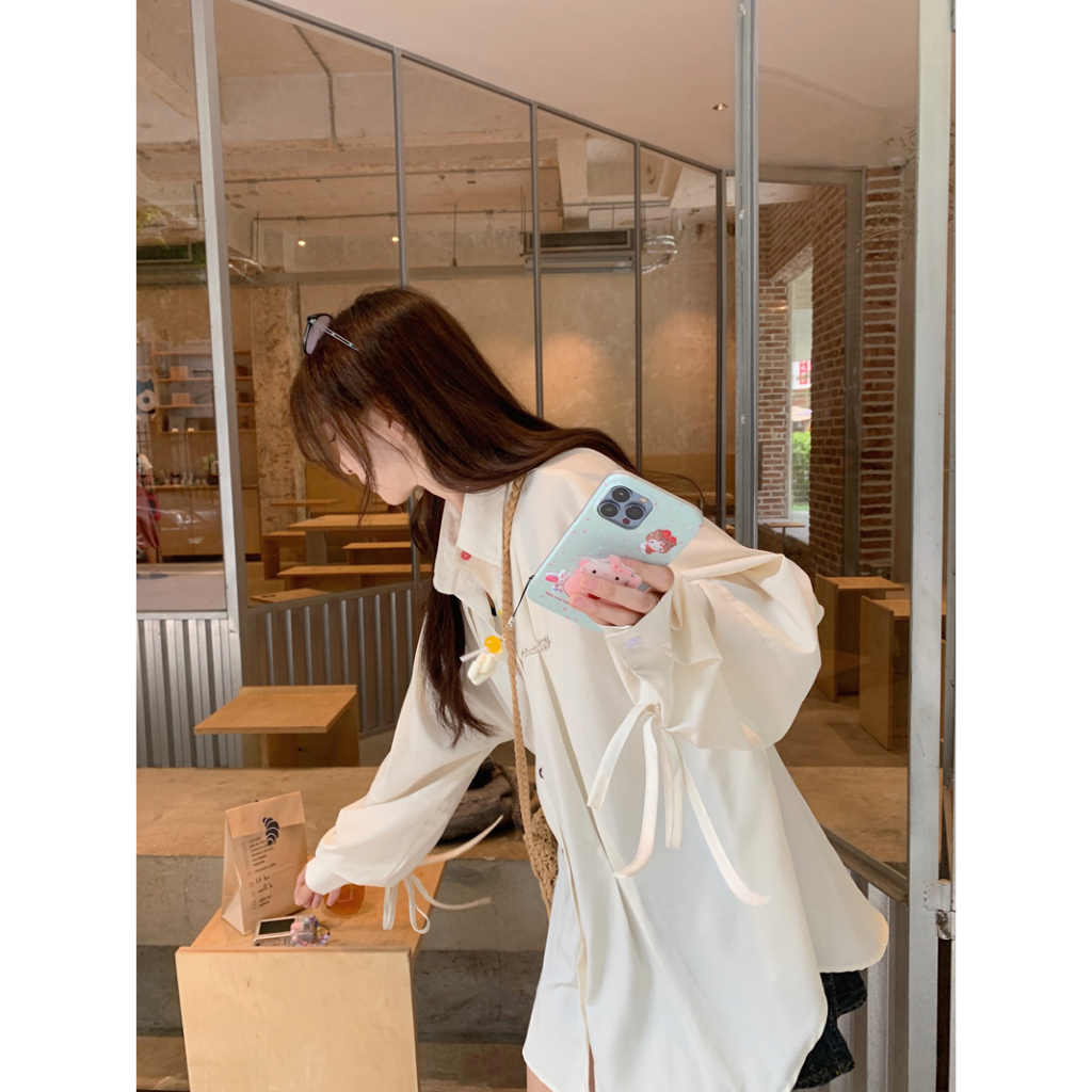 Áo sơ mi QOEDDV tay dài dáng rộng cài nút màu mơ sữa thiết kế phong cách Hàn Quốc mới 2023