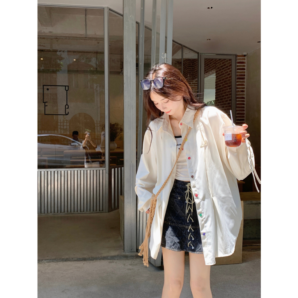 Áo sơ mi QOEDDV tay dài dáng rộng cài nút màu mơ sữa thiết kế phong cách Hàn Quốc mới 2023