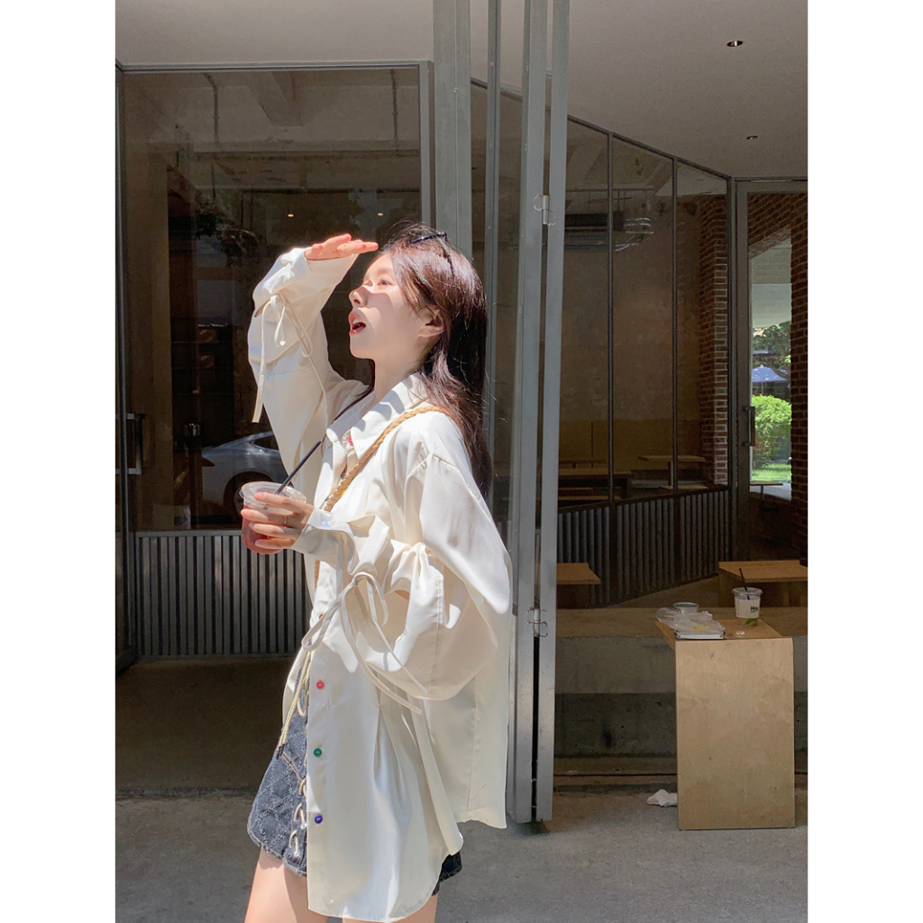 Áo sơ mi QOEDDV tay dài dáng rộng cài nút màu mơ sữa thiết kế phong cách Hàn Quốc mới 2023