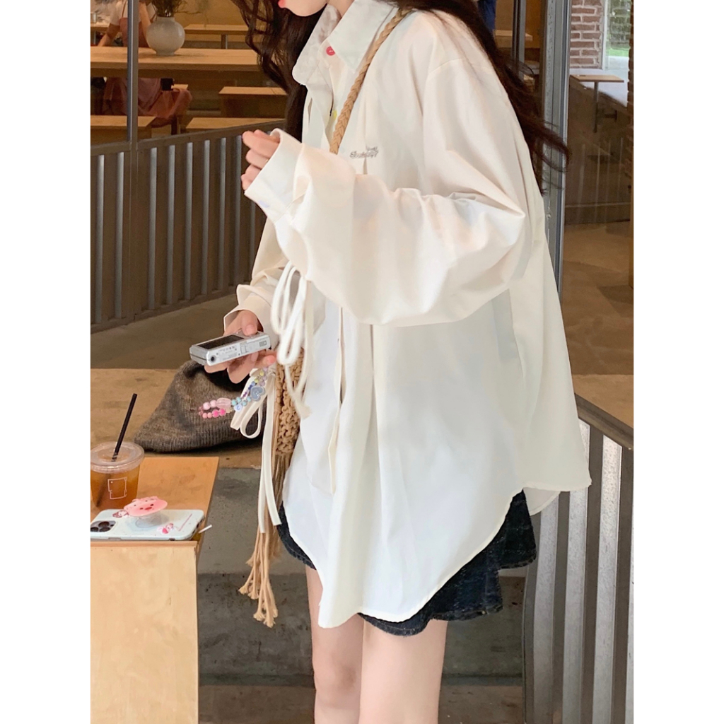 Áo sơ mi QOEDDV tay dài dáng rộng cài nút màu mơ sữa thiết kế phong cách Hàn Quốc mới 2023