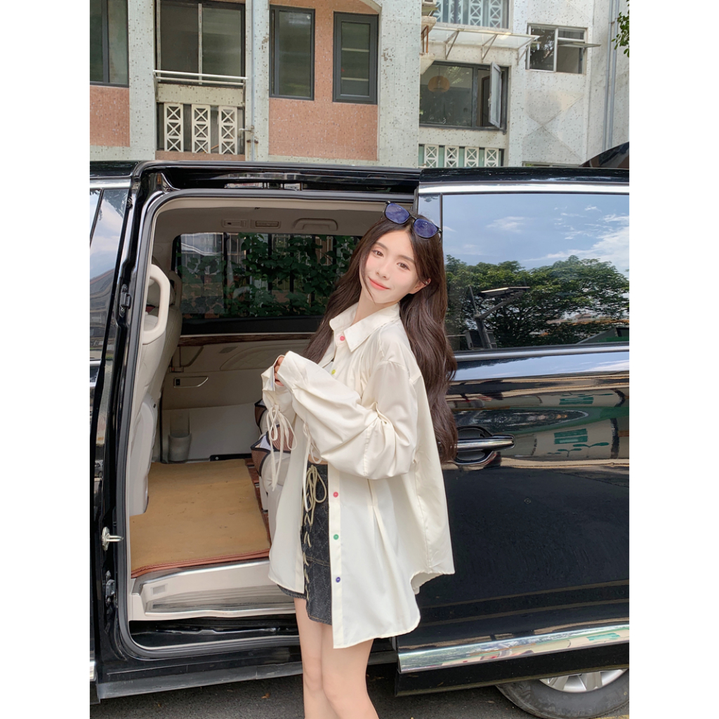 Áo sơ mi QOEDDV tay dài dáng rộng cài nút màu mơ sữa thiết kế phong cách Hàn Quốc mới 2023