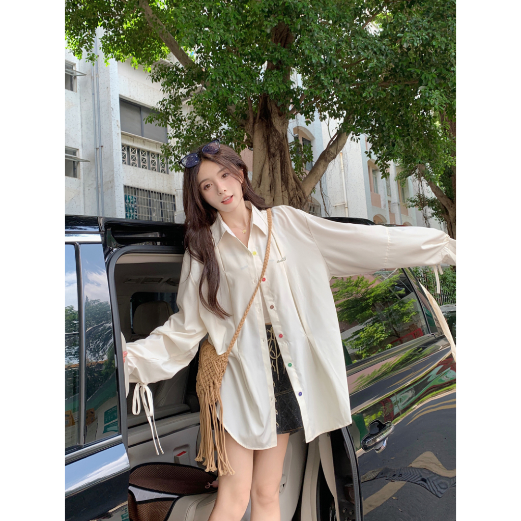 Áo sơ mi QOEDDV tay dài dáng rộng cài nút màu mơ sữa thiết kế phong cách Hàn Quốc mới 2023