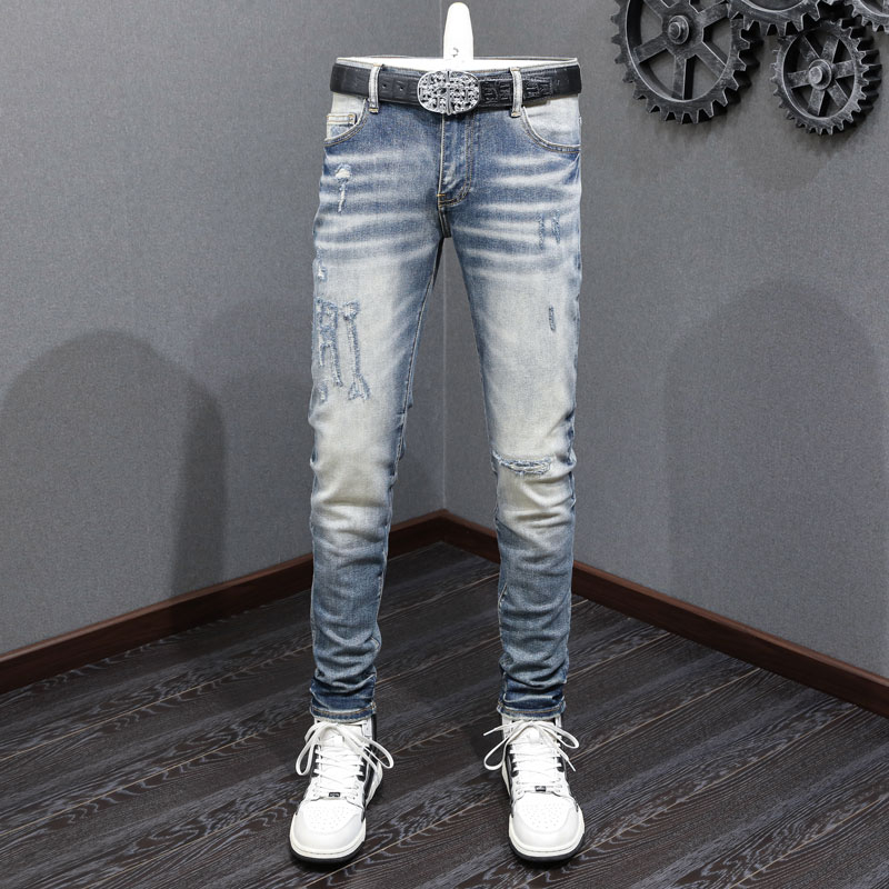 High Quality Amiri Fashion Men Jeans Blue Vintage Slim Fit Perforated Print Fashion Hip Hop Men Jeans