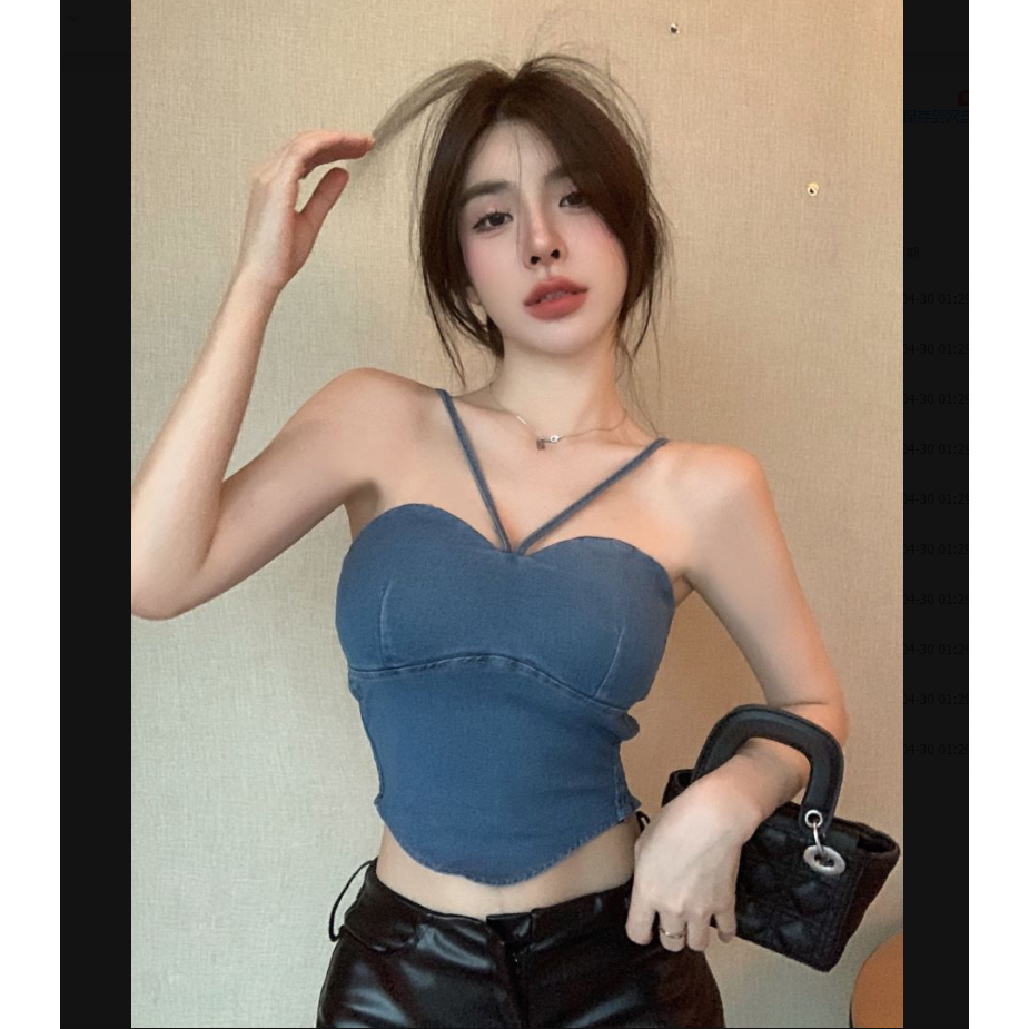 Áo sát nách KUMIKUMI cổ yếm ôm dáng vừa vặn ráp vải màu xanh lam denim gợi cảm mới mùa hè 2023