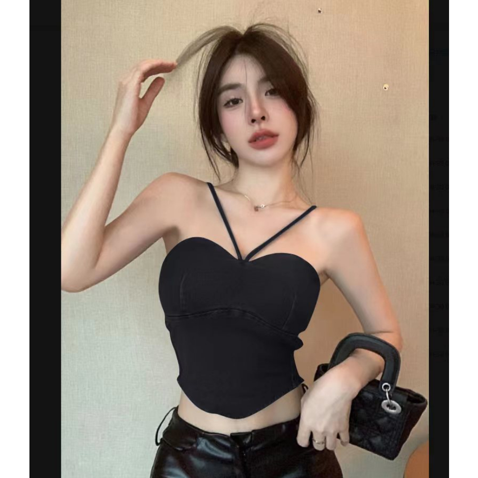 Áo sát nách KUMIKUMI cổ yếm ôm dáng vừa vặn ráp vải màu xanh lam denim gợi cảm mới mùa hè 2023