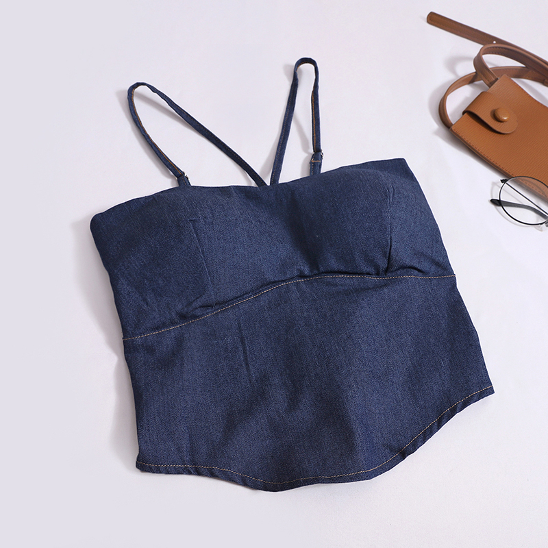 Áo sát nách KUMIKUMI cổ yếm ôm dáng vừa vặn ráp vải màu xanh lam denim gợi cảm mới mùa hè 2023