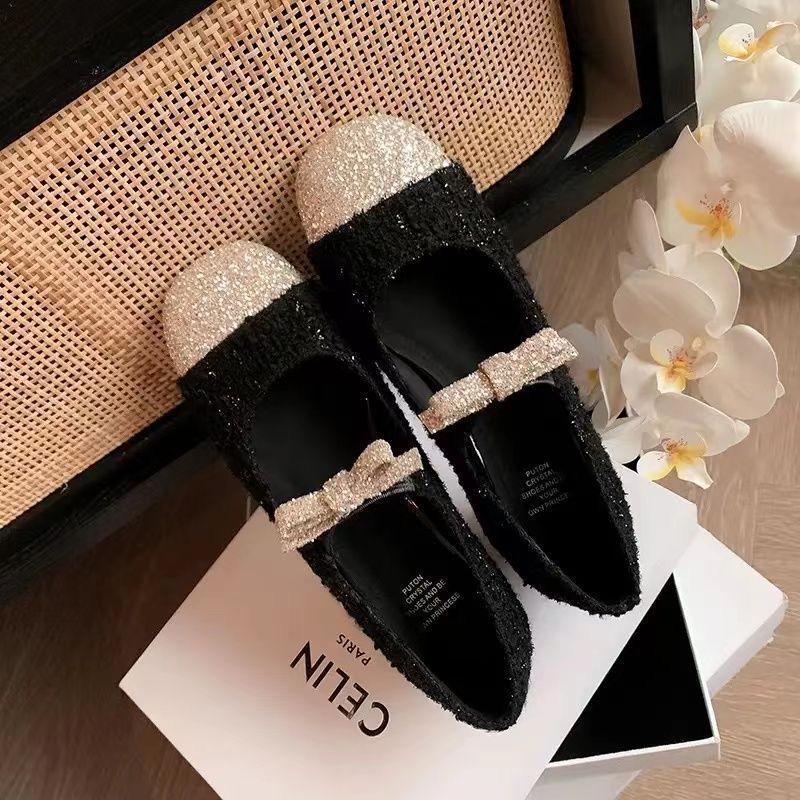 Giày mary jane gót thấp gót dày 2023 phong cách mới tăng chiều cao 4cm len baise / giày nữ màu đen giày gót thấp