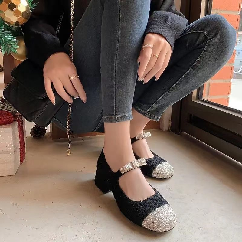 Giày mary jane gót thấp gót dày 2023 phong cách mới tăng chiều cao 4cm len baise / giày nữ màu đen giày gót thấp