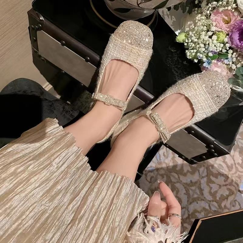 Giày mary jane gót thấp gót dày 2023 phong cách mới tăng chiều cao 4cm len baise / giày nữ màu đen giày gót thấp