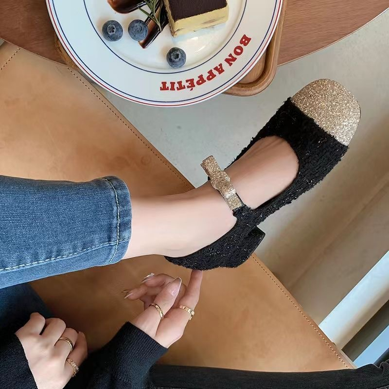 Giày mary jane gót thấp gót dày 2023 phong cách mới tăng chiều cao 4cm len baise / giày nữ màu đen giày gót thấp
