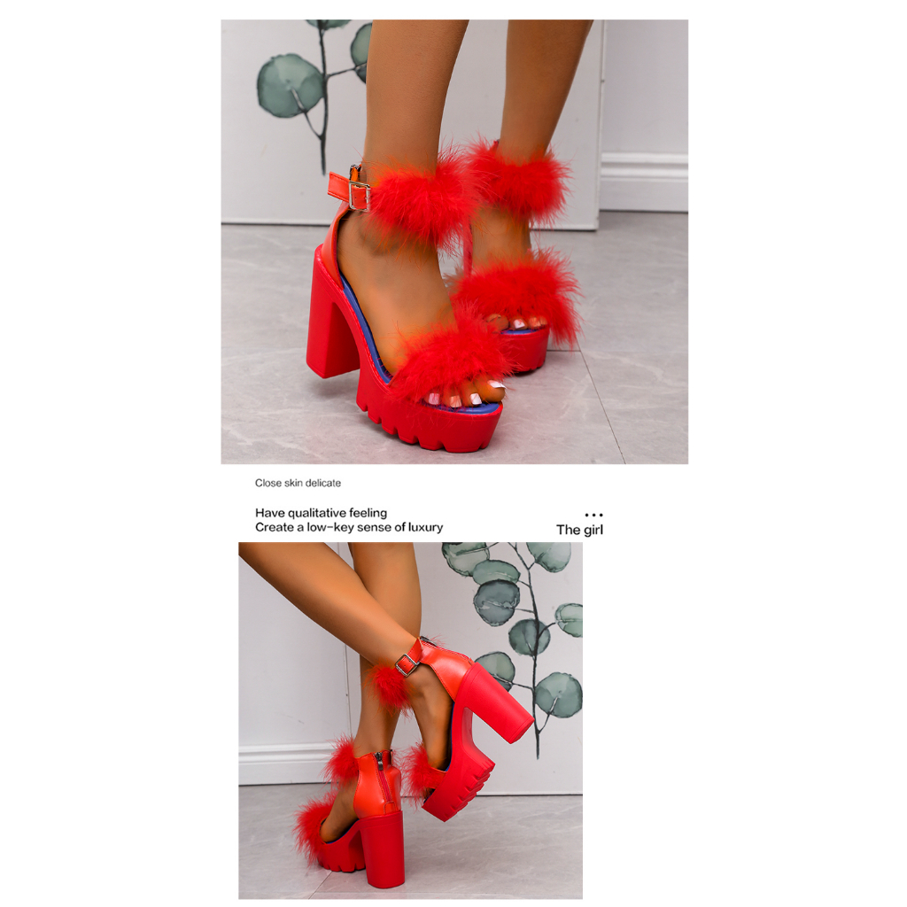 Thời trang đẹp đầy màu sắc lông thú sang trọng 4,33 inch đầu tròn khối gót cao