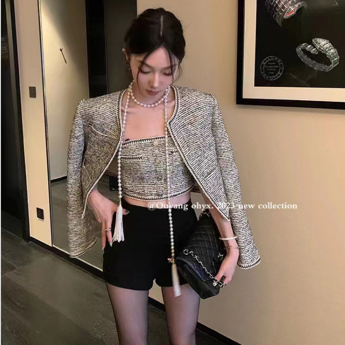 French high-end fashion suit women's high-end design round neck long-sleeved woven short jacket jacket + tube top two-piece suit