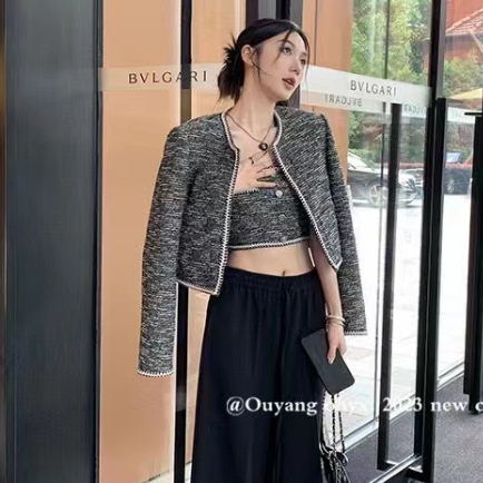 French high-end fashion suit women's high-end design round neck long-sleeved woven short jacket jacket + tube top two-piece suit