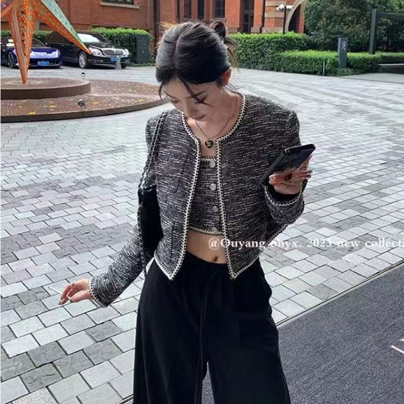 French high-end fashion suit women's high-end design round neck long-sleeved woven short jacket jacket + tube top two-piece suit