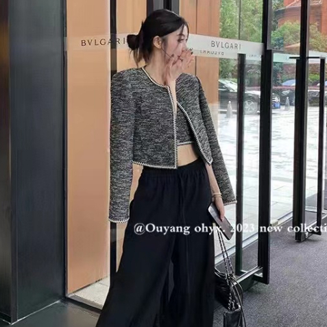 French high-end fashion suit women's high-end design round neck long-sleeved woven short jacket jacket + tube top two-piece suit