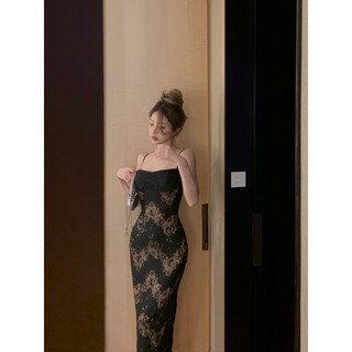 【COLORBLLIND】Màu tương phản mờ cảm thấy ren đen gợi cảm mông dưới cùng mặc đơn váy dây treo váy