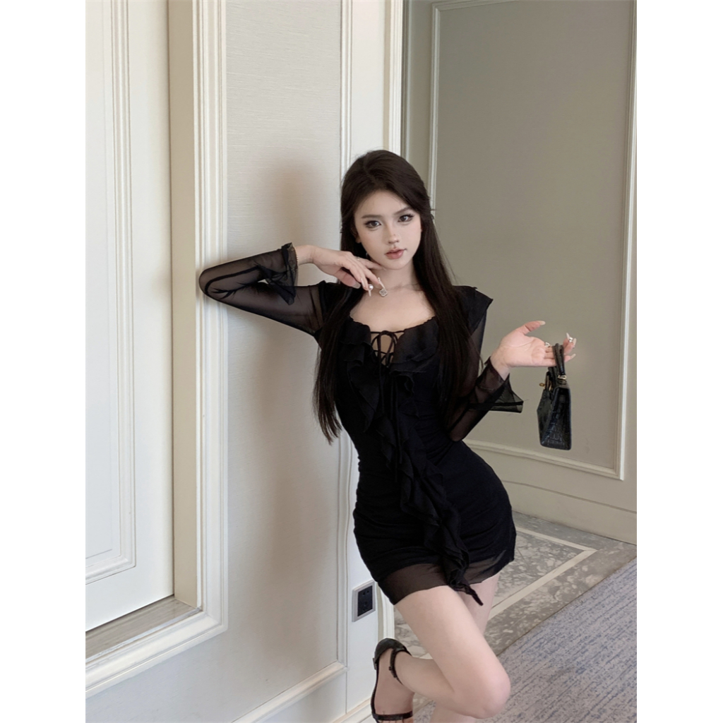 Tinh khiết mong muốn one-shoulder lưới thiết kế cảm giác mông mỏng hơn nhìn one-shoul