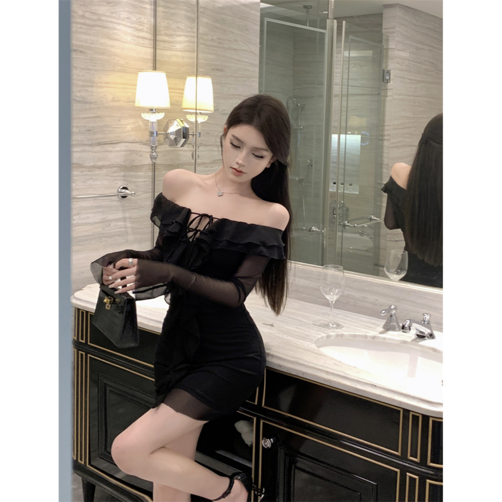Tinh khiết mong muốn one-shoulder lưới thiết kế cảm giác mông mỏng hơn nhìn one-shoul