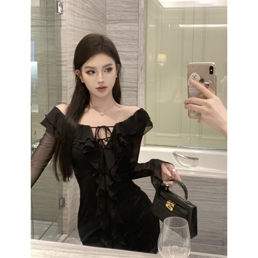 Tinh khiết mong muốn one-shoulder lưới thiết kế cảm giác mông mỏng hơn nhìn one-shoul