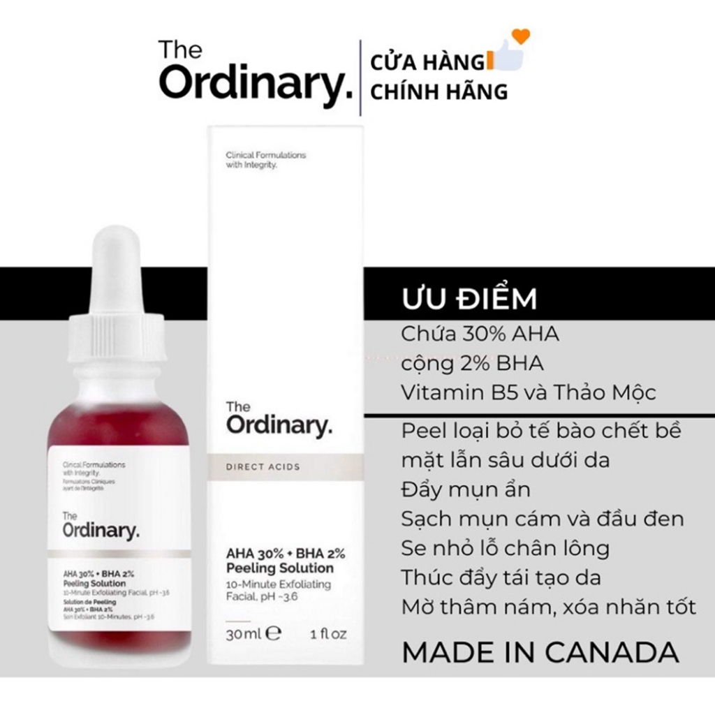 The Ordinary AHA 30%+BHA 2%  30ml Tinh chất Peel da Peeling Solution 30ml dành cho mọi loại da giúp loại bỏ thế bào chết
