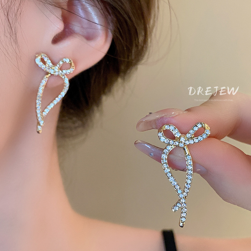 Bông tai DREJEW bạc 925 hình nơ đính đá lấp lánh phong cách Hàn Quốc không gây dị ứng