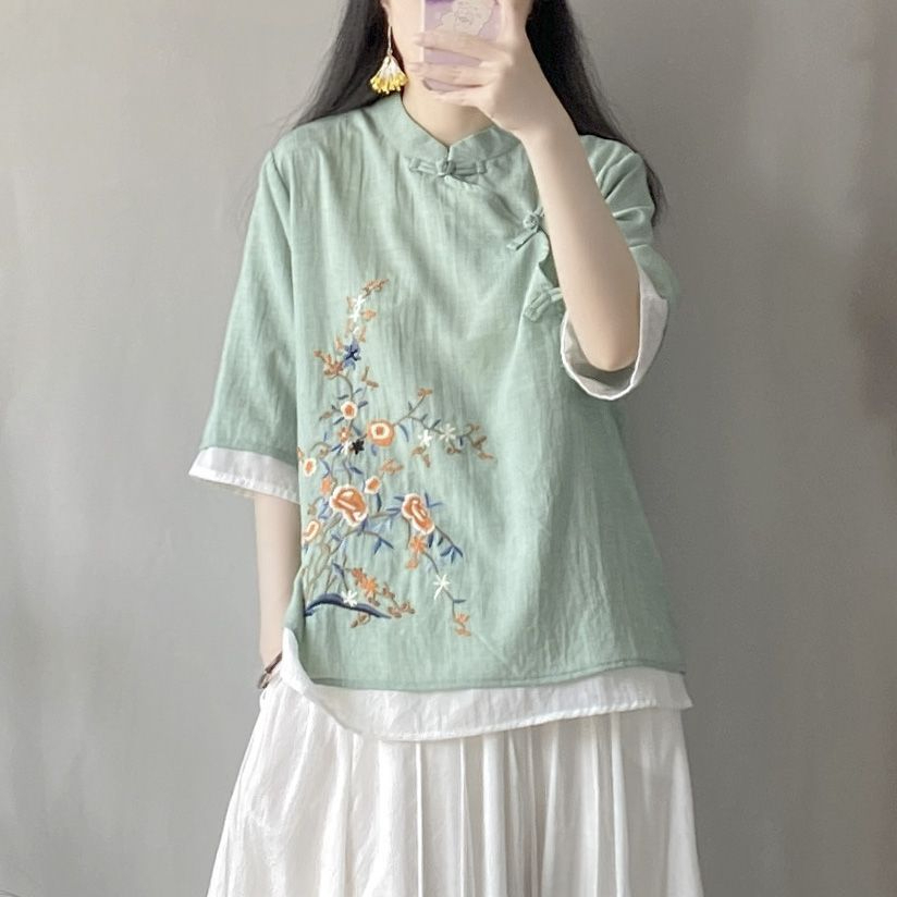 Nút đĩa thêu cổ điển áo sơ mi vải lanh của phụ nữ mùa xuân / mùa hè phong cách trung quốc mới zen tea dress loose panels crewneck top