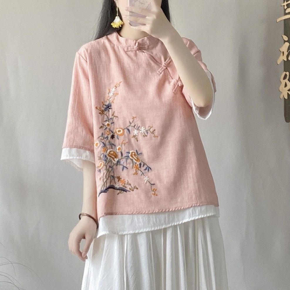 Nút đĩa thêu cổ điển áo sơ mi vải lanh của phụ nữ mùa xuân / mùa hè phong cách trung quốc mới zen tea dress loose panels crewneck top