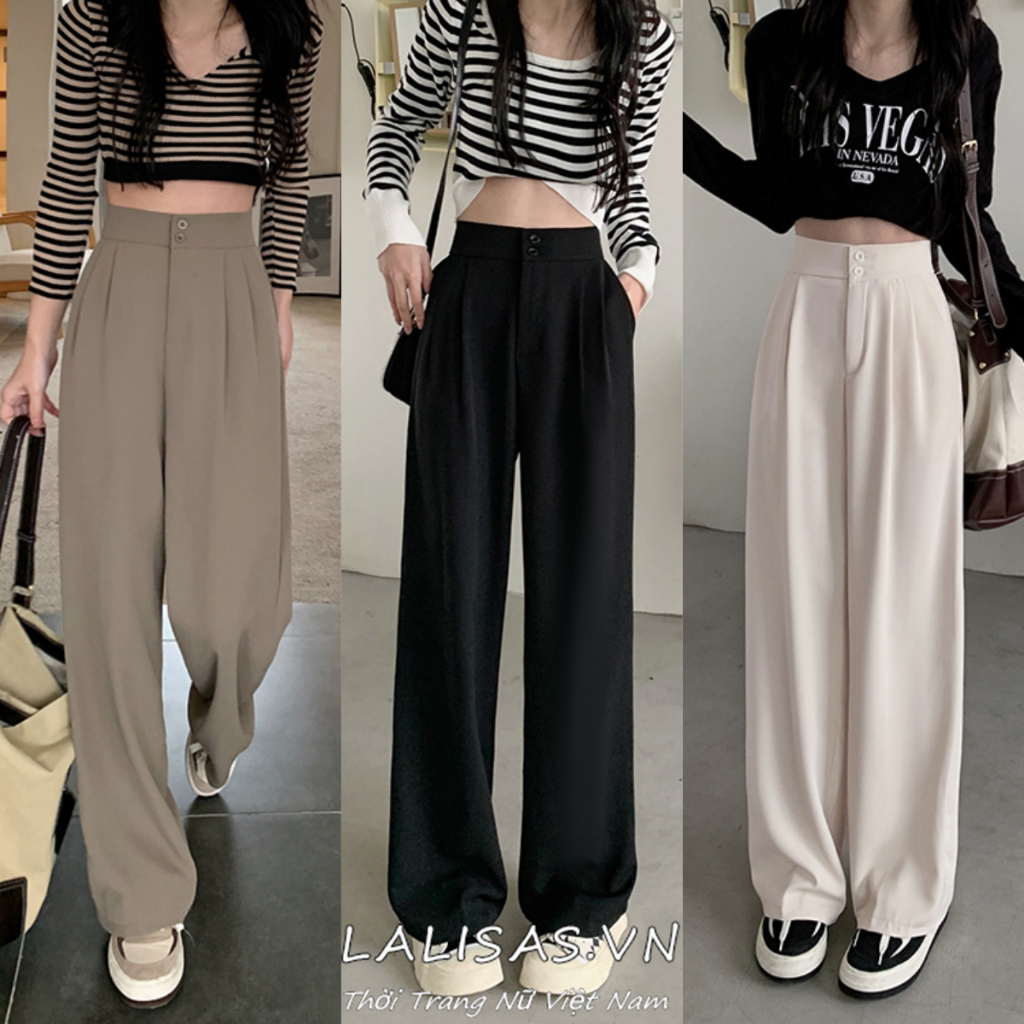 Lalisas phiên bản hàn quốc đơn giản màu rắn co giãn phù hợp với quần phụ nữ quần ống rộng cạp cao giản dị