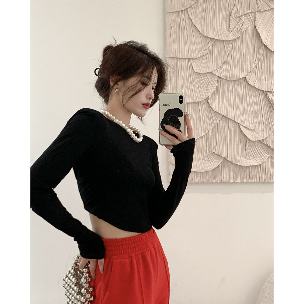 Áo thun croptop NUZIRO bó sát cắt xẻ hở lưng dài tay thời trang Hàn Quốc cho nữ