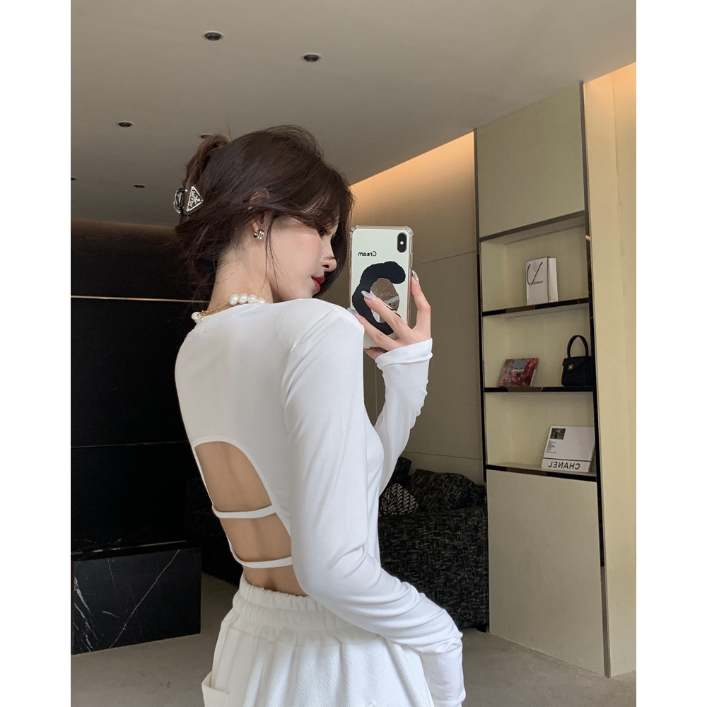 Áo thun croptop NUZIRO bó sát cắt xẻ hở lưng dài tay thời trang Hàn Quốc cho nữ
