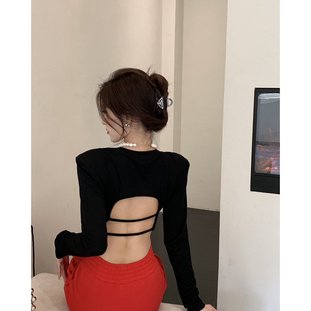 Áo thun croptop NUZIRO bó sát cắt xẻ hở lưng dài tay thời trang Hàn Quốc cho nữ