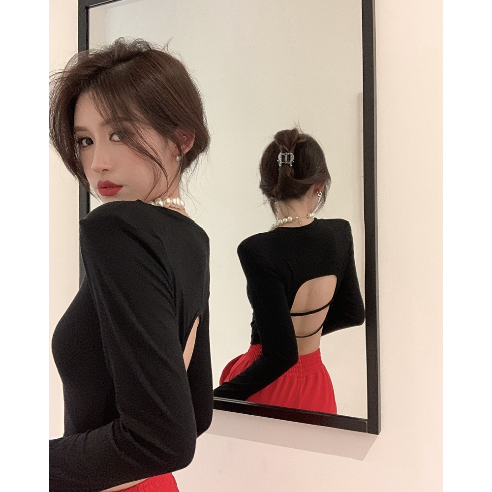 Áo thun croptop NUZIRO bó sát cắt xẻ hở lưng dài tay thời trang Hàn Quốc cho nữ