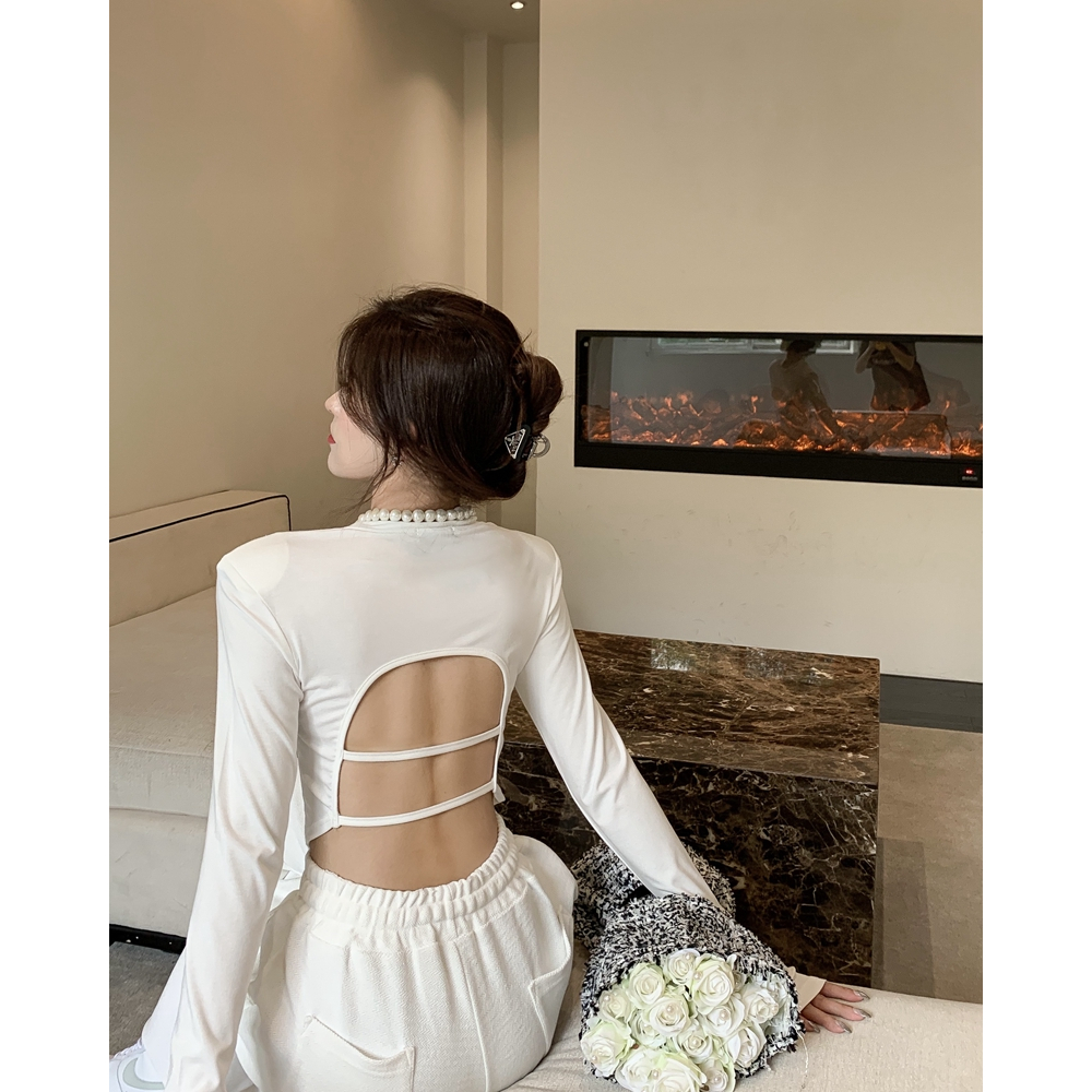 Áo thun croptop NUZIRO bó sát cắt xẻ hở lưng dài tay thời trang Hàn Quốc cho nữ