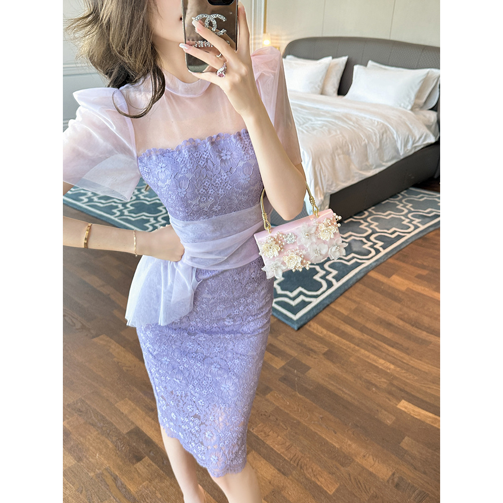 ZYHT Đầm Body Màu tía Cao cấp Khí chất thanh lịch Mảnh mai váy ngang hông đầm ren 20366