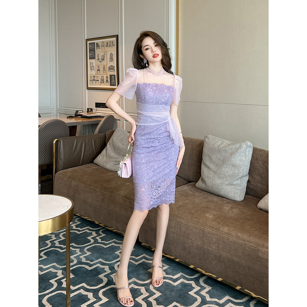 ZYHT Đầm Body Màu tía Cao cấp Khí chất thanh lịch Mảnh mai váy ngang hông đầm ren 20366