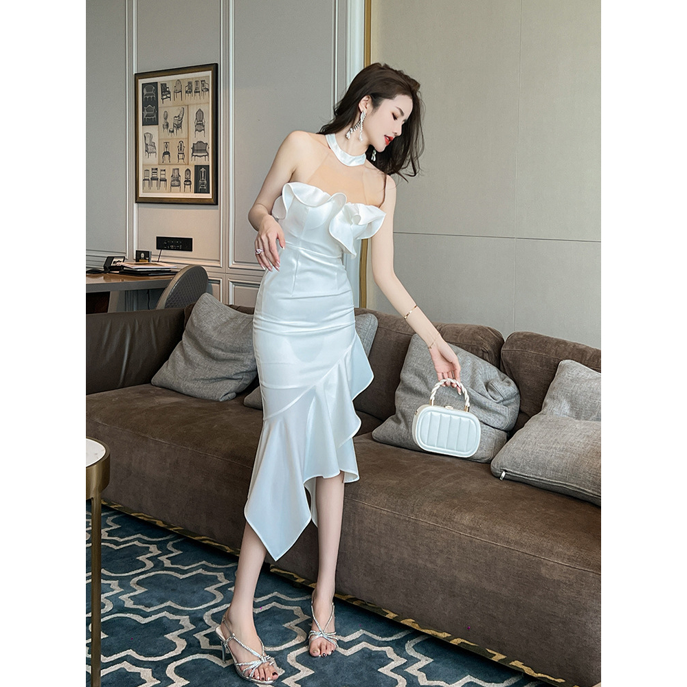 ZYHT Đầm Body dây treo sexy Lộ lưng Cảm giác cao cấp Mảnh mai Không tay áo Một từ cổ áo đầm đuôi cá 20495