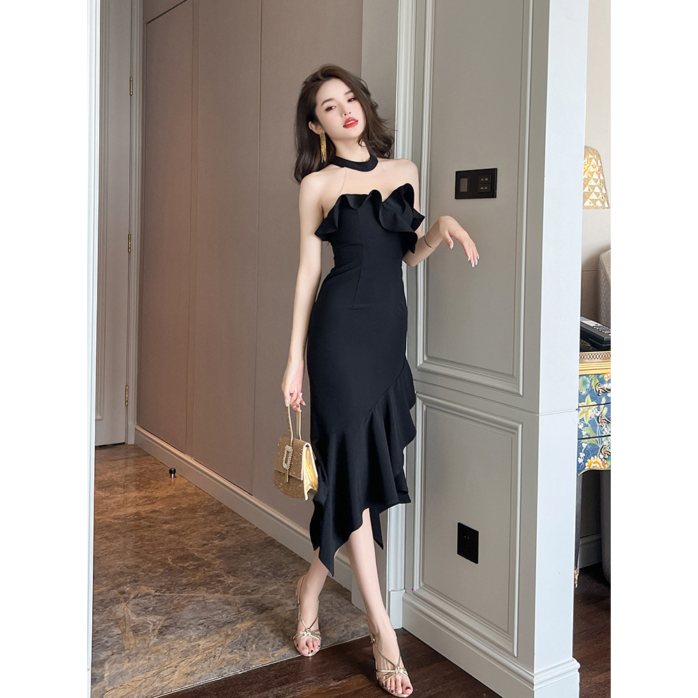 ZYHT Đầm Body dây treo sexy Lộ lưng Cảm giác cao cấp Mảnh mai Không tay áo Một từ cổ áo đầm đuôi cá 20495