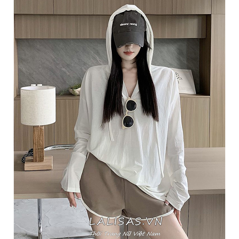 Lalisas simple solid color sunscreen hooded long-sleeved t-shirt nữ casual loose lazy style top ins