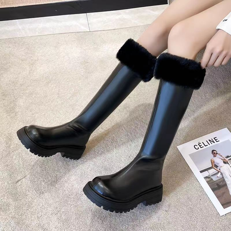 Ladies fleece lining knight boots 2023 phong cách mới mùa đông da ấm áp màu đen / kaki dày-soled boots tăng chiều cao 5cm boots thời trang nhưng boots đầu gối