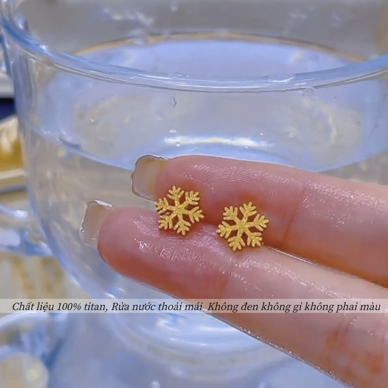 Bông tai titan nữ không gỉ mạ vàng 24k hình bông tuyết phun cát thời trang nhẹ nhàng ngọt ngào