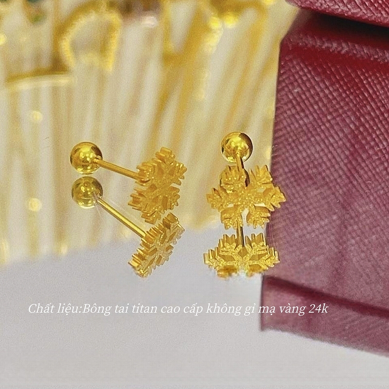 Bông tai titan nữ không gỉ mạ vàng 24k hình bông tuyết phun cát thời trang nhẹ nhàng ngọt ngào