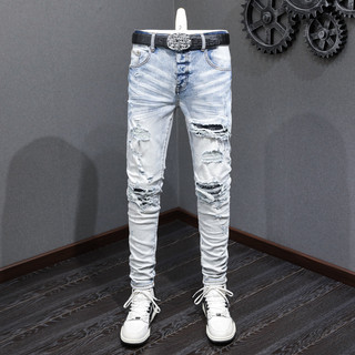 Street Fashion AMIRI Men Jeans Retro Light Blue Print Patch Button Front Design Trendy Men Denim Pants
