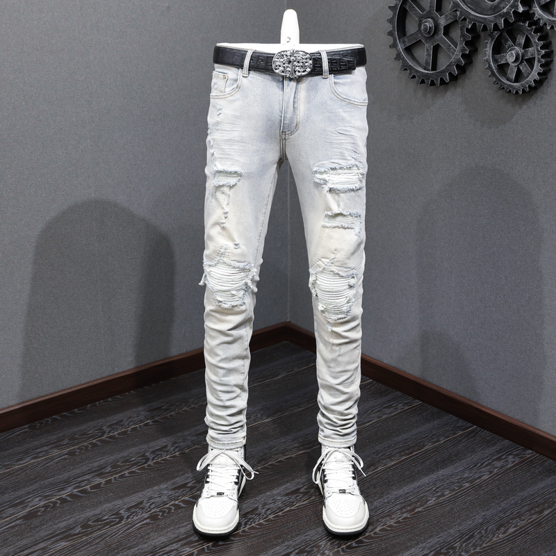 Street Fashion Amiri Men Jeans Light Retro Tight White Patched High Quality Hip Hop Trend Casual Men Denim Pants