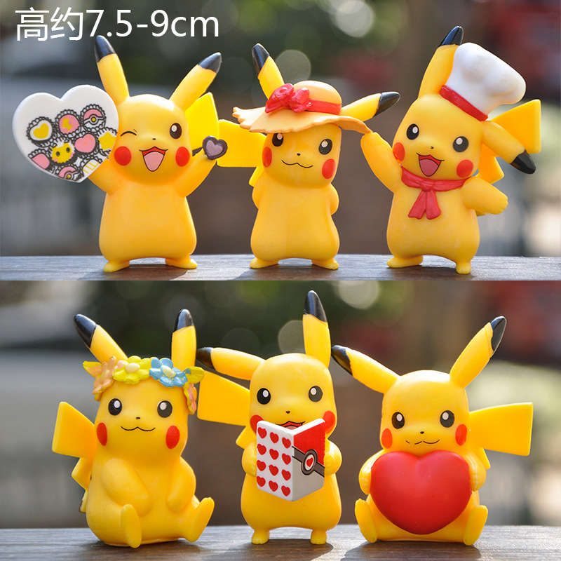 6 cái / bộ 8-9 cm pokemon pikachu đeo mũ rơm mũ đầu bếp vòng hoa đọc sách phim hoạt hình q phiên bản kawayi pvc hình hành động mô hình đồ chơi trẻ em quà tặng