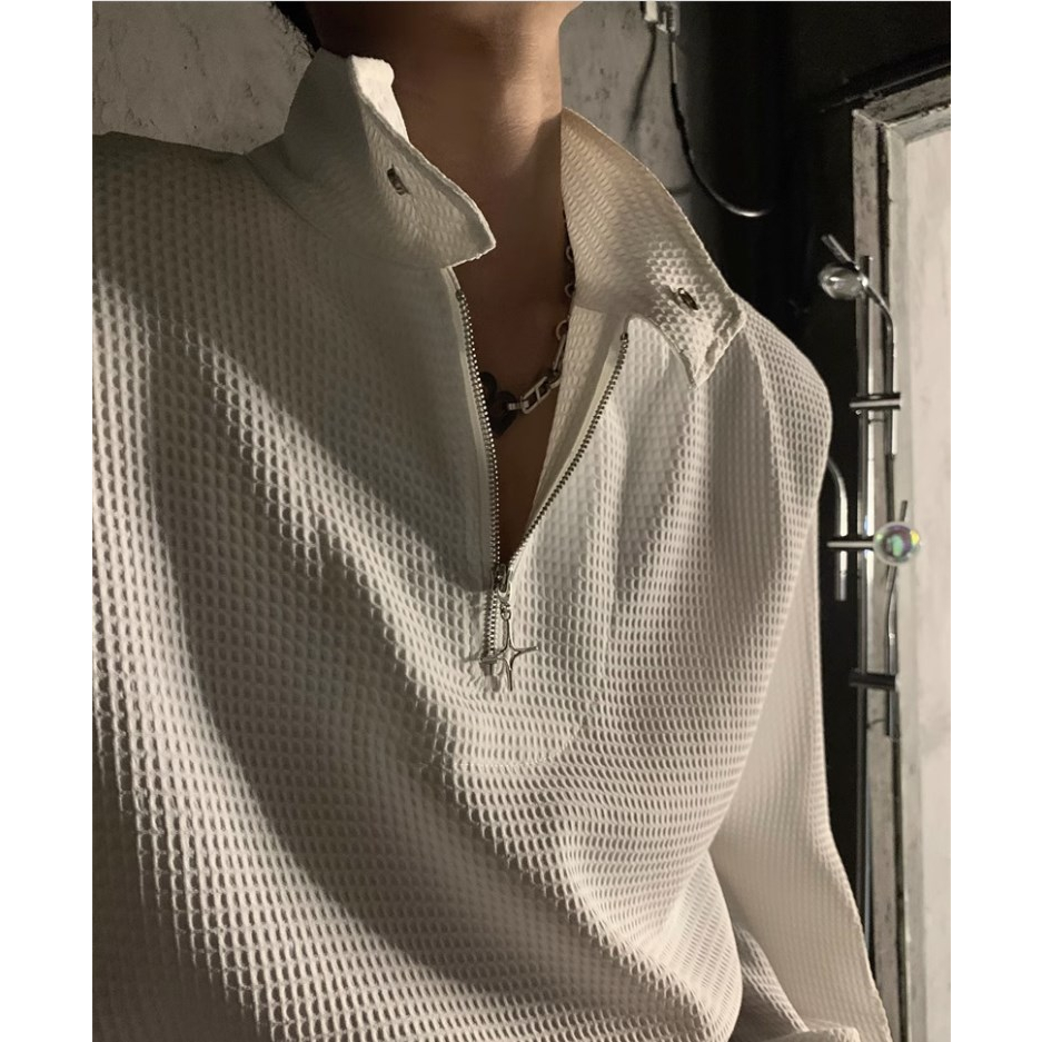 Youtang Áo Sweater Cổ Polo Có Khóa Kim Loại Nửa Hình Waffle Phong Cách Mỹ Cho Nam