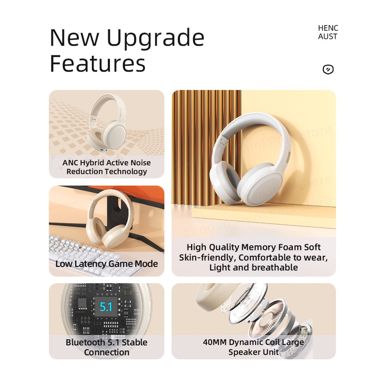 Lenovo TH30 Tai nghe Bluetooth không dây 5.0 tai nghe chụp tai Bluetooth thao trò chơi tai nghe Fone Bluetooth